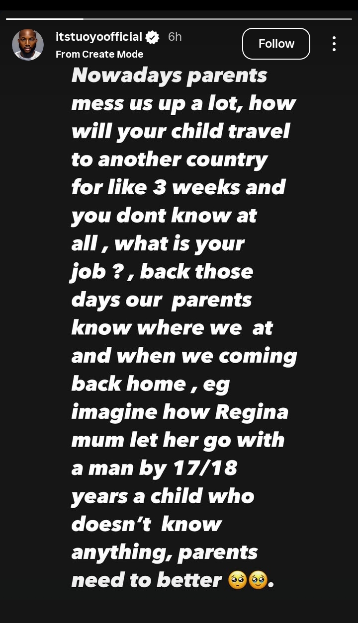 Tuoyo blames Regina Daniels' mum over early marital troubles