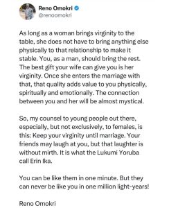 The best gift your wife can give you is her virginity - Reno Omokri