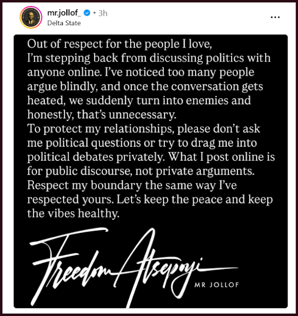 Mr Jollof steps back from discussing politics after public fight with VDM