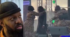 Timaya falls while trying to lift plus-sized lady Timaya falls while trying to lift plus-sized lady