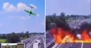 Horror moment plane ‘drops out of the sky’ and crushes car driving along busy highway Horror moment plane ‘drops out of the sky’ and crushes car driving along busy highway