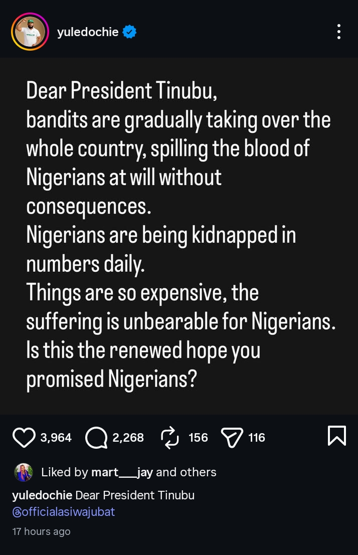 Yul Edochie blasts Tinubu over insecurity