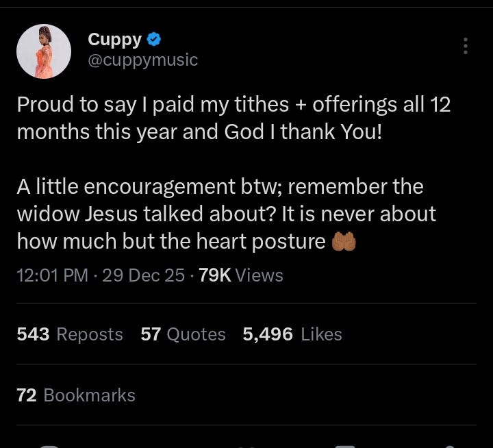 I thank God for strength to pay my tithes and offerings this year - Cuppy