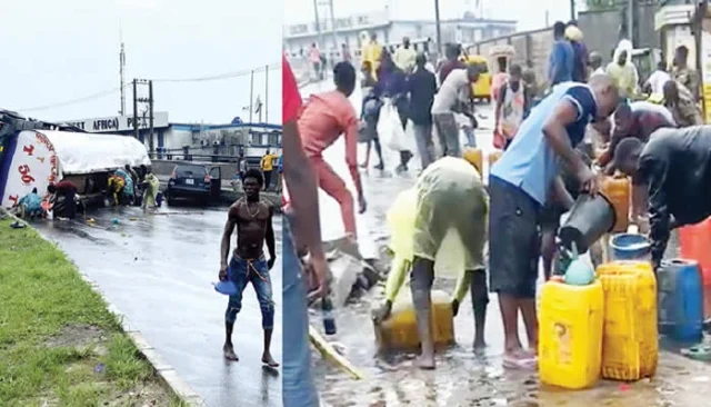 Lagos issues warning as residents scoop fuel from fallen tanker