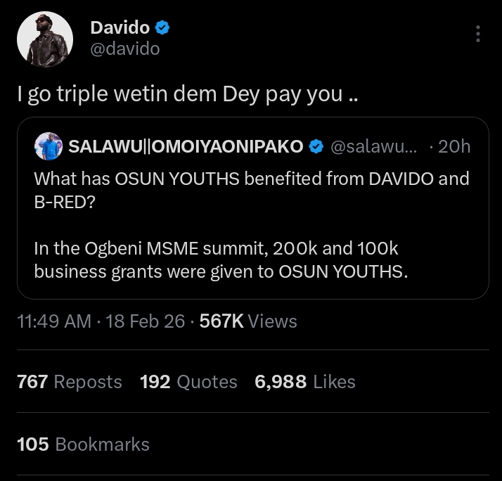 Davido fires back at man over comparison to Ogbeni Dipo