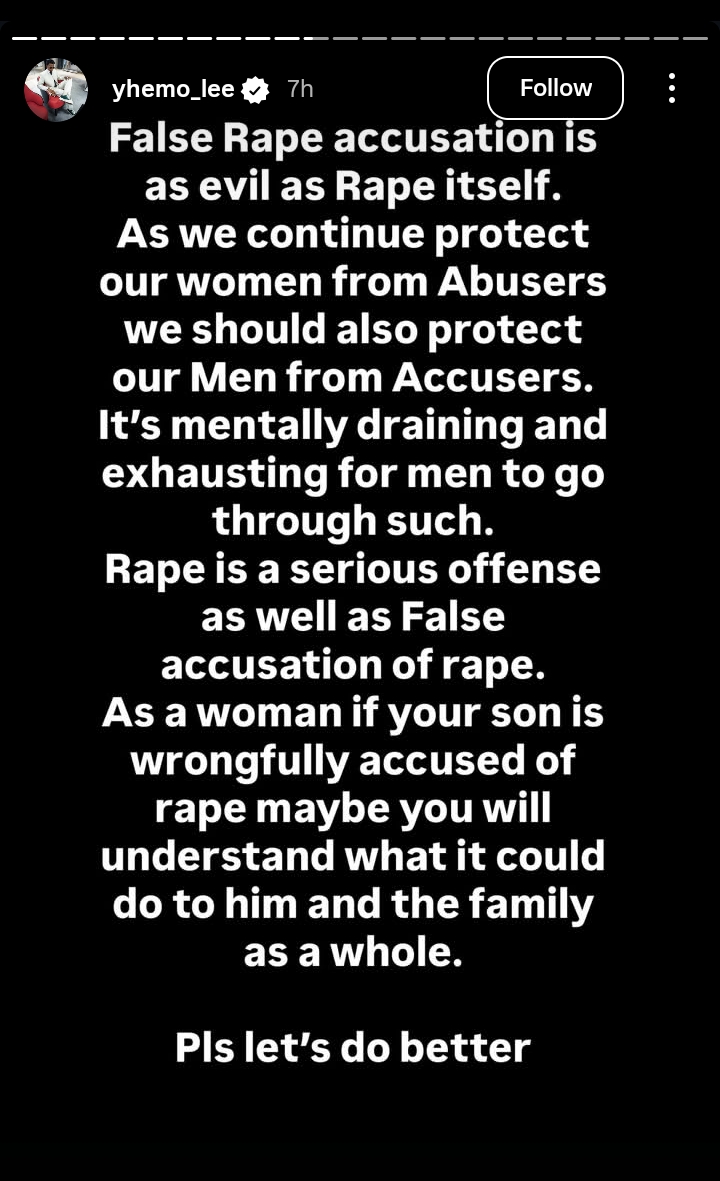 False rape accusers is as evil as ra.pe - Yhemolee