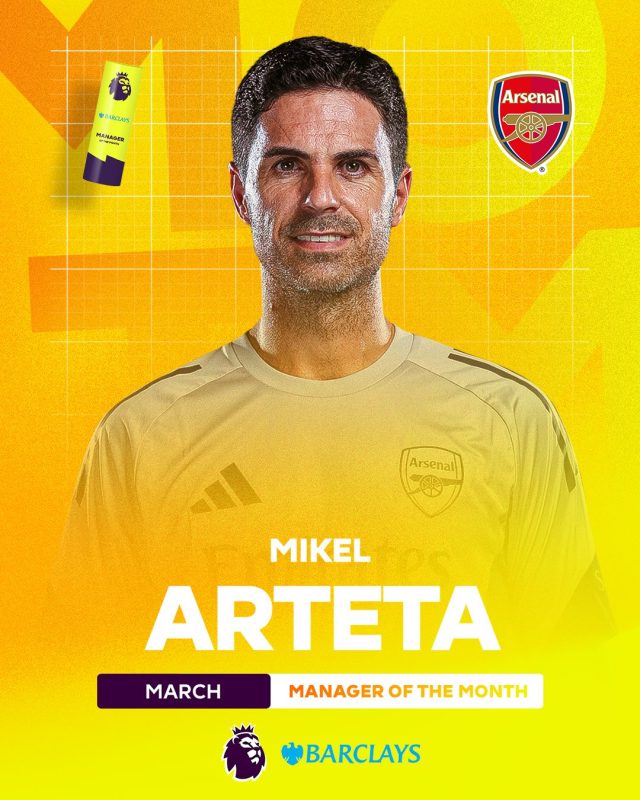 Mikel Arteta wins Premier league manager of the month for March