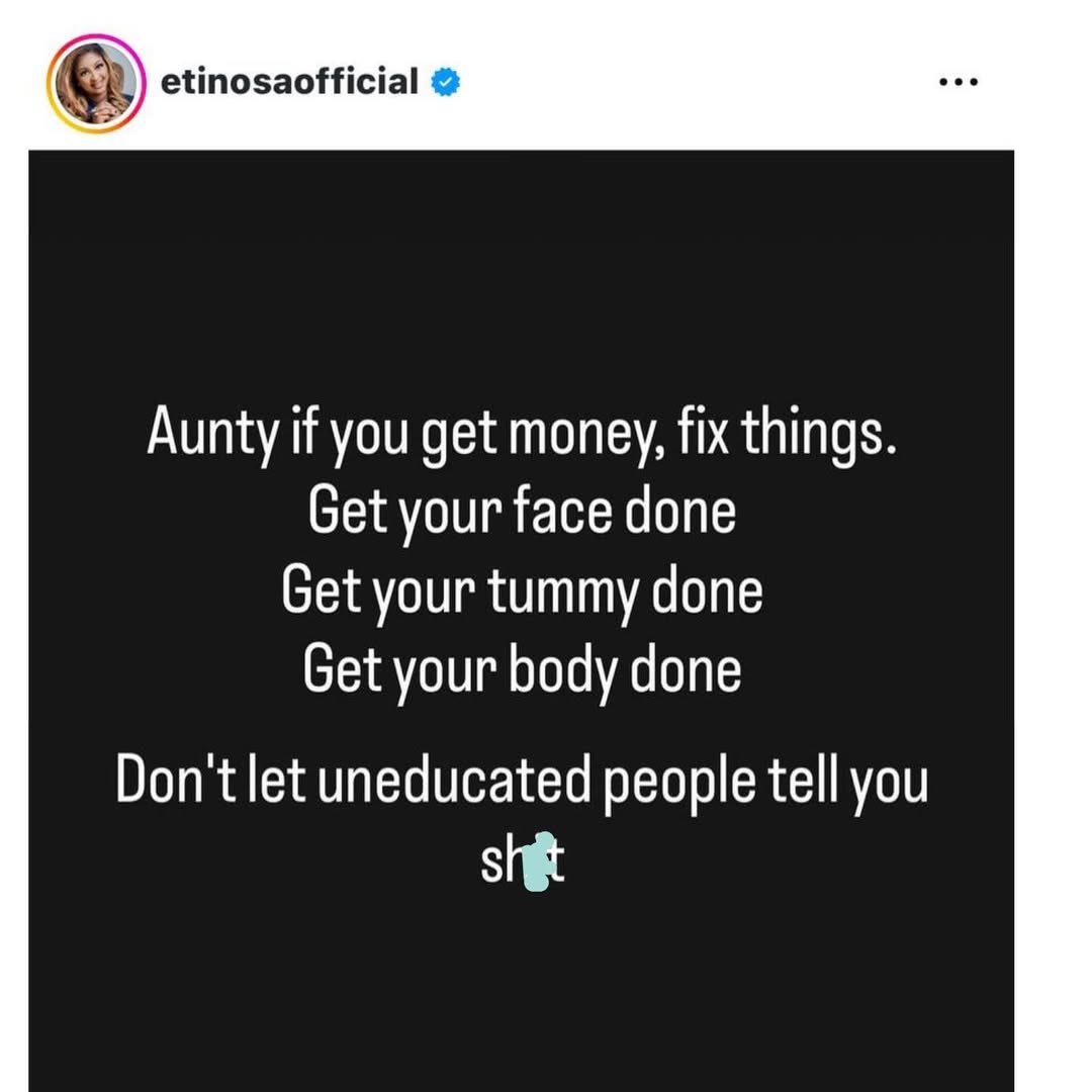 Don't let anyone tell you sh!t - Etinosa encourages body enhancement