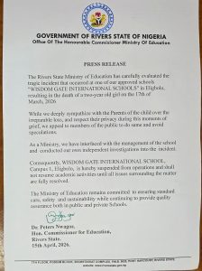 Rivers government suspends school over de.ath of two-year-old pupil