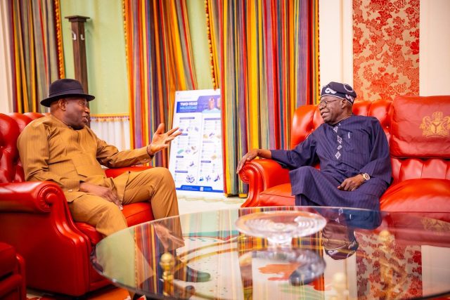 Tinubu receives Jonathan at presidential villa