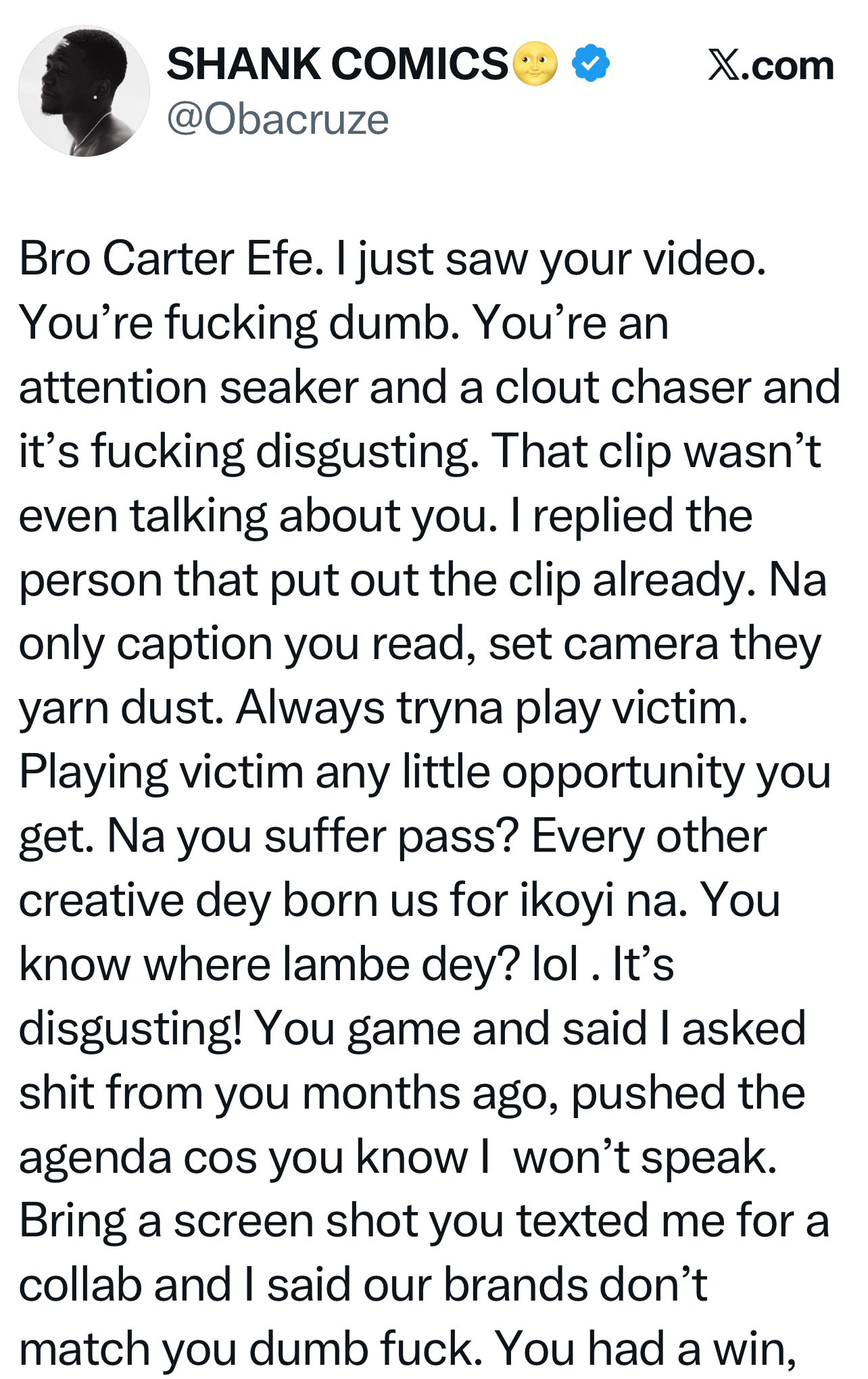 Always playing victim - Shank replies Carter Efe