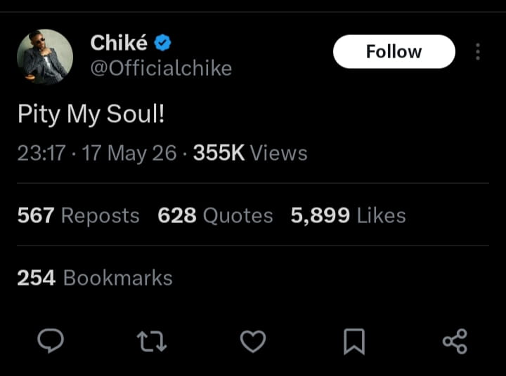 Pity my soul - Chike shares cryptic message
