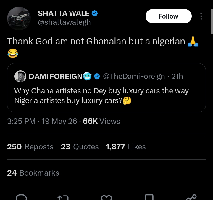 I'm not a Ghanaian - Shatta Wale humorously replies X influencer