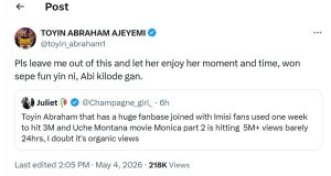 Toyin Abraham slams critic over Uche Montana’s YouTube views Toyin Abraham slams critic over Uche Montana's YouTube views