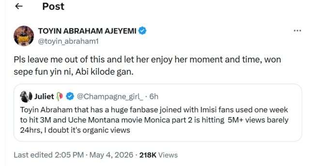 Toyin Abraham slams critic over Uche Montana's YouTube views