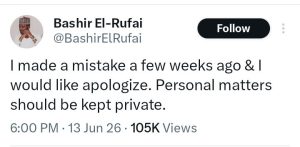 Bashir Elrufai apologizes for announcing divorce ONLINE