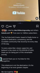  Itele receives his YouTube Gold Creator Award
