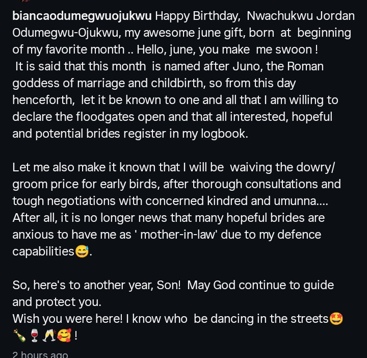 Bianca Ojukwu jokes about finding wife for son on birthday