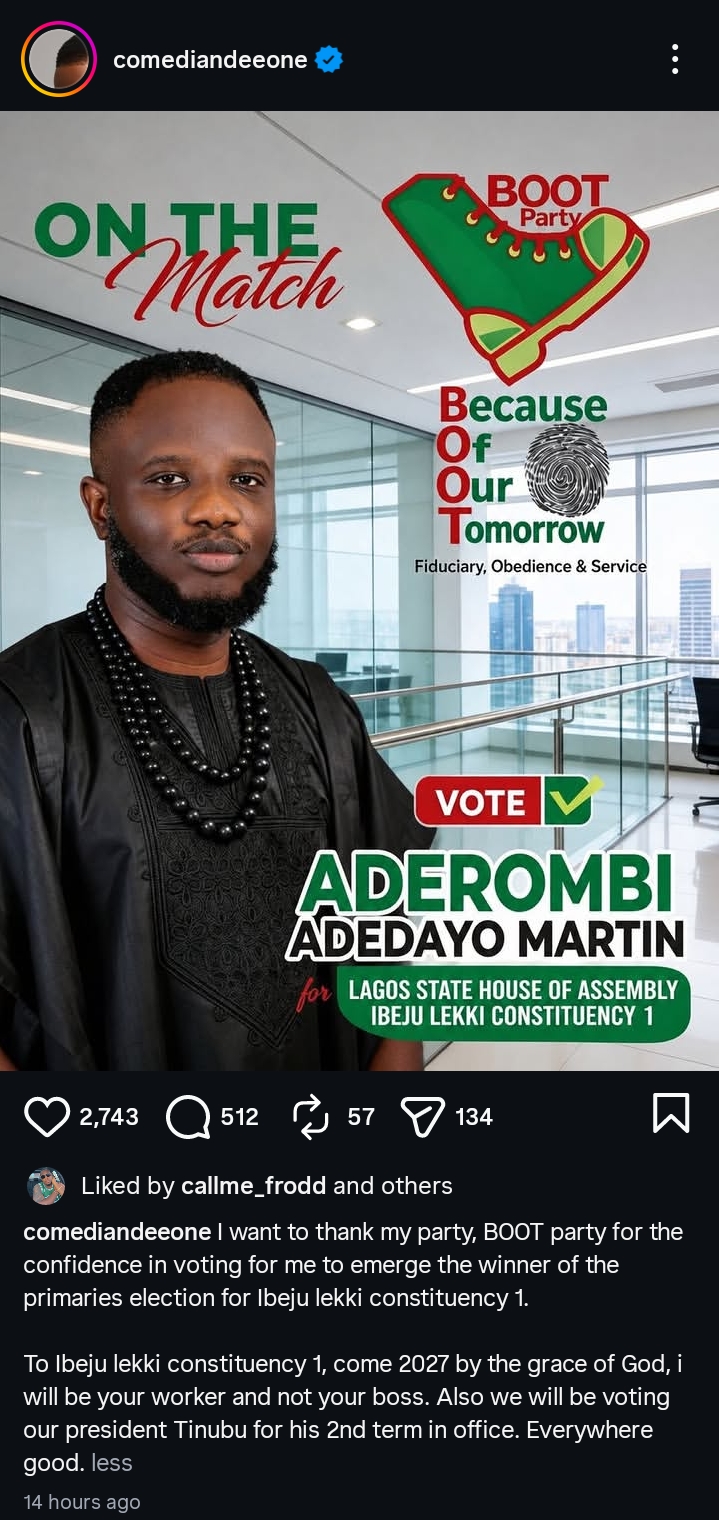Deeone wins Lagos Assembly primary election under BOOT PARTY 2 Deeone wins primary election for Ibeju-Lekki Lagos Assembly seat