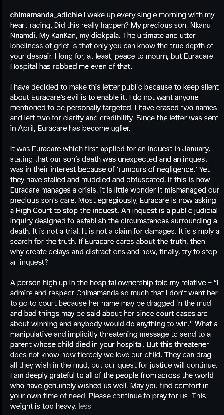 Chimamanda Adichie reacts after court stalled inquest into son's de.ath