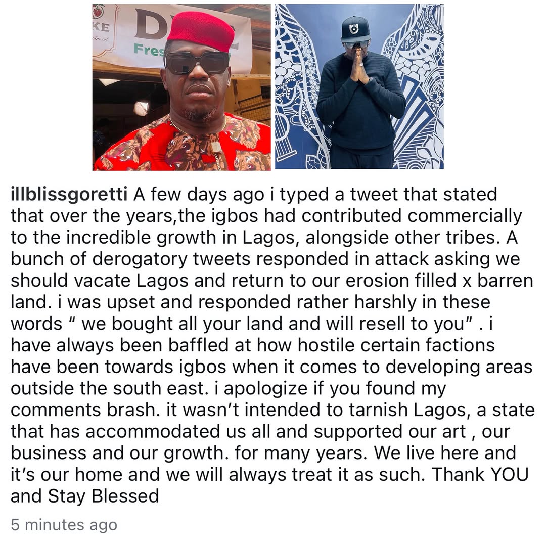 Illbliss apologizes for saying Igbos own Lagos' lands