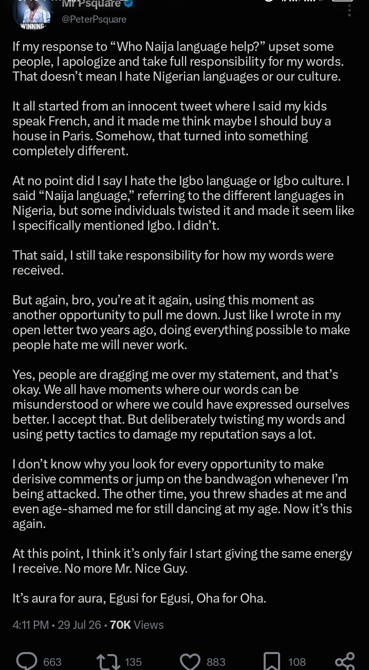 Peter Okoye fires back at Paul Okoye over "Nigerian language" remark 2 Screenshot 20260729 174821