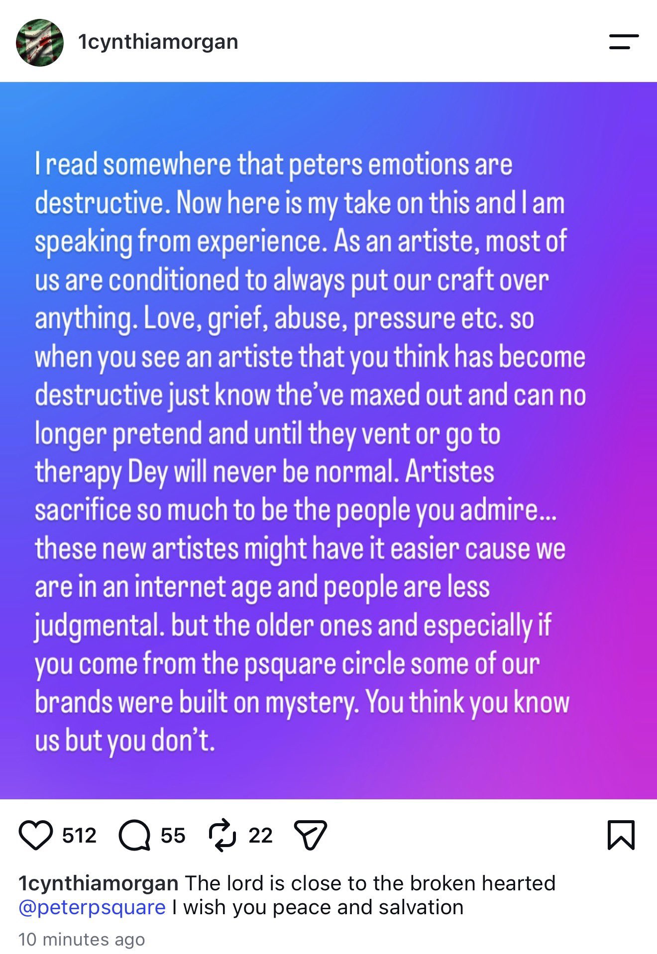 Cynthia Morgan defends Peter Okoye 2 Cynthia Morgan defends Peter Okoye amid rant