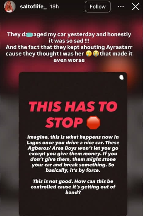 Agberos damage Ayra Starr's sister' car 2 Ayra Starr's sister cries out after Agberos damaged her car
