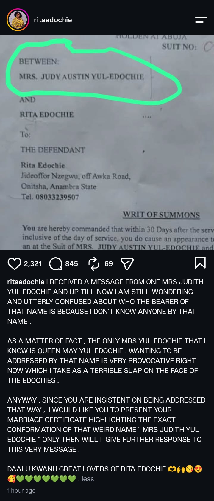 Rita Edochie responds after being sued by Judy Austin 2 Rita Edochie has responded after being served a lawsuit by Nollywood actress Judy Austin, questioning the name under which the legal document was issued