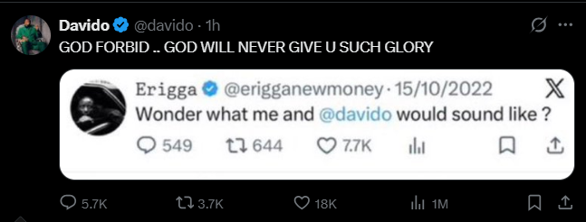Davido continues to munch on Erigga 1 ERIGGA