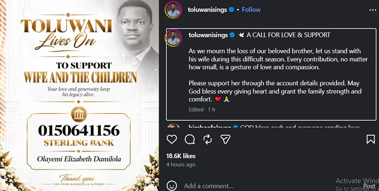 Toluwanisings' management calls for support for wife 1 Toluwanisings