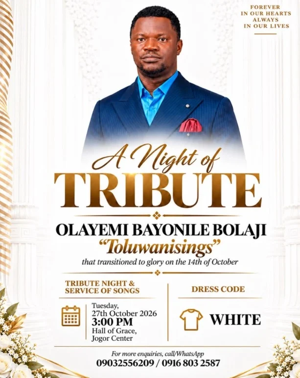 Toluwanisings’ family announce tributes night 1 Toluwanisings’ family announce tributes night